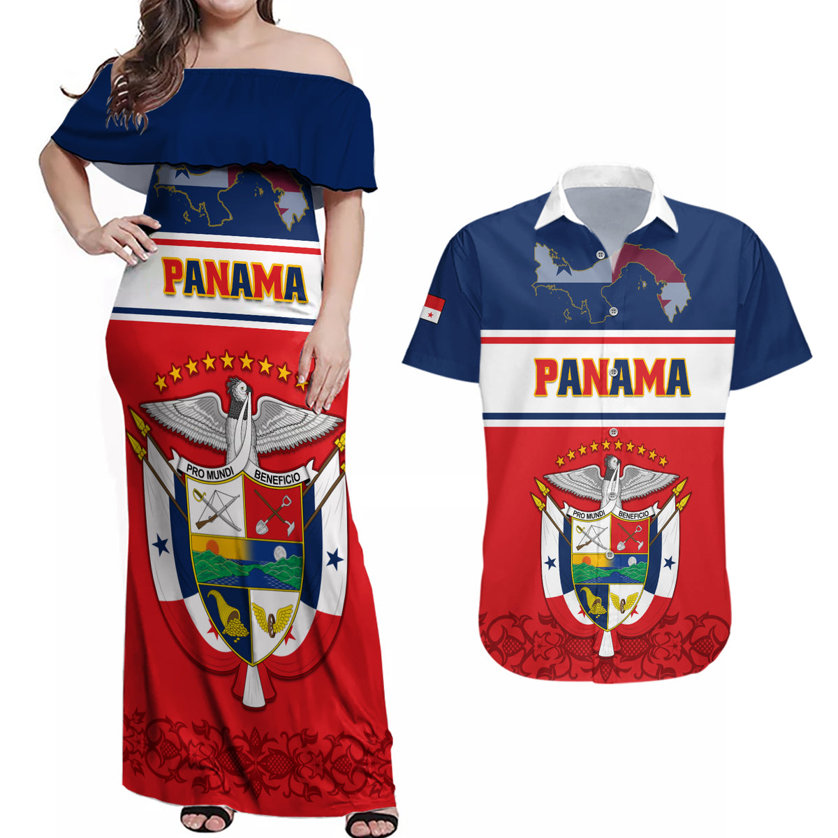 Panama Independence Day Couples Matching Off Shoulder Maxi Dress and Hawaiian Shirt Coat Of Arms Pollera Pattern - Wonder Print Shop