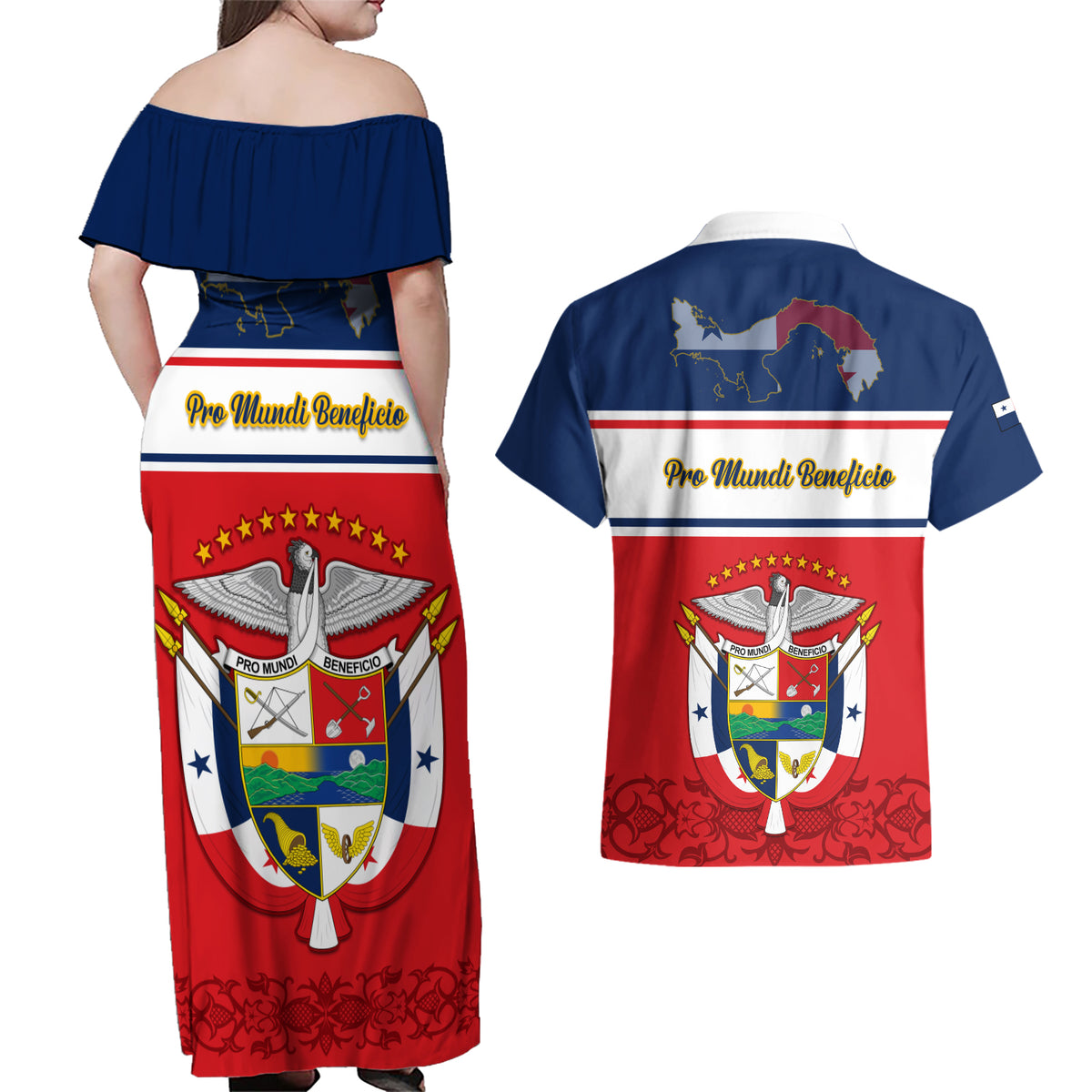 Panama Independence Day Couples Matching Off Shoulder Maxi Dress and Hawaiian Shirt Coat Of Arms Pollera Pattern - Wonder Print Shop