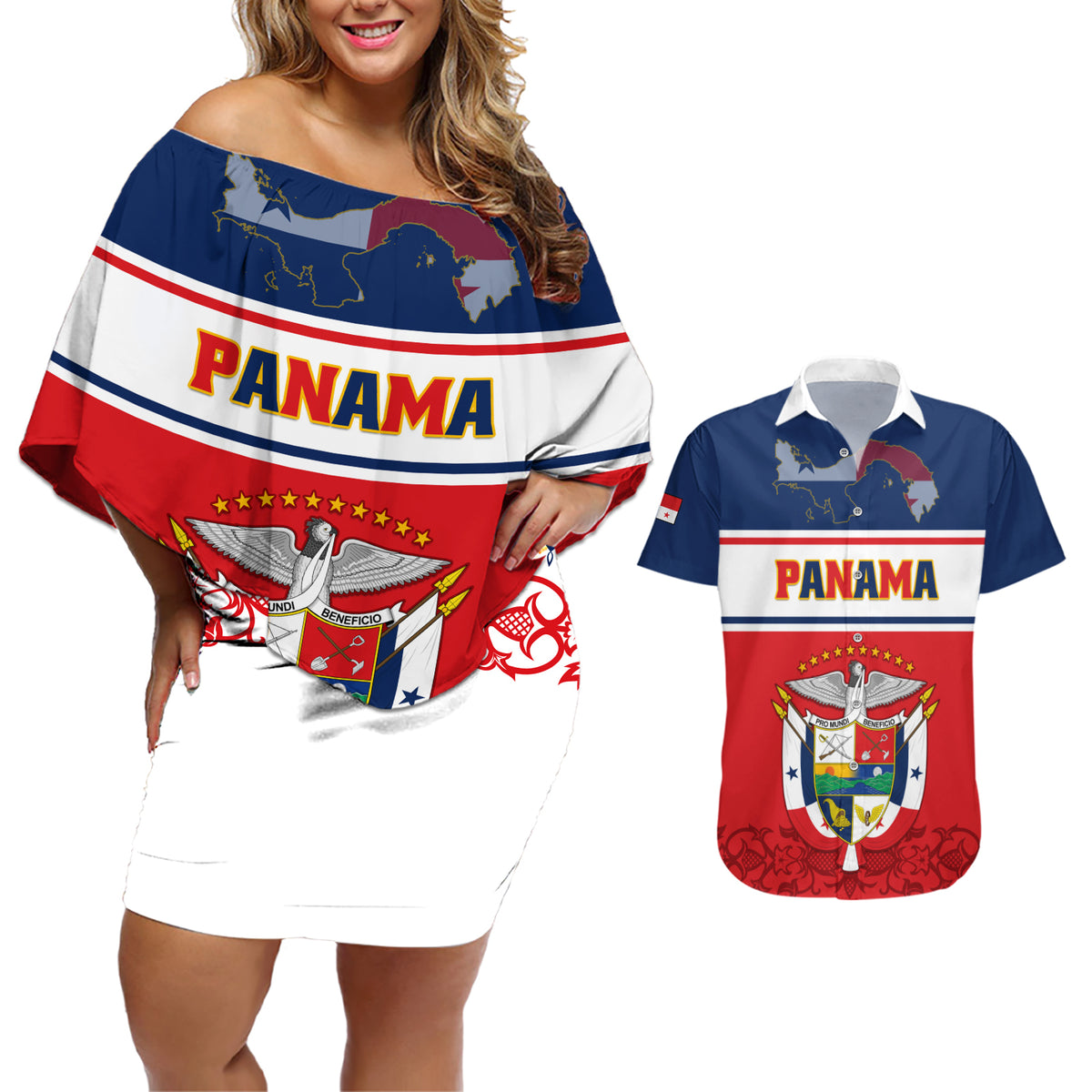 Panama Independence Day Couples Matching Off Shoulder Short Dress and Hawaiian Shirt Coat Of Arms Pollera Pattern - Wonder Print Shop