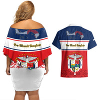 Panama Independence Day Couples Matching Off Shoulder Short Dress and Hawaiian Shirt Coat Of Arms Pollera Pattern - Wonder Print Shop