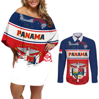 Panama Independence Day Couples Matching Off Shoulder Short Dress and Long Sleeve Button Shirts Coat Of Arms Pollera Pattern - Wonder Print Shop