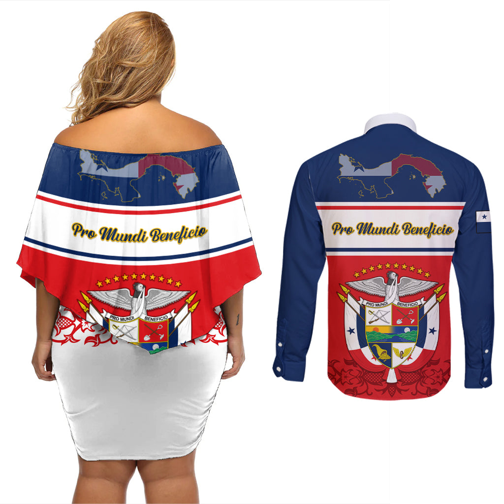 Panama Independence Day Couples Matching Off Shoulder Short Dress and Long Sleeve Button Shirts Coat Of Arms Pollera Pattern - Wonder Print Shop