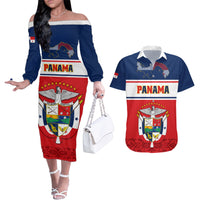 Panama Independence Day Couples Matching Off The Shoulder Long Sleeve Dress and Hawaiian Shirt Coat Of Arms Pollera Pattern - Wonder Print Shop