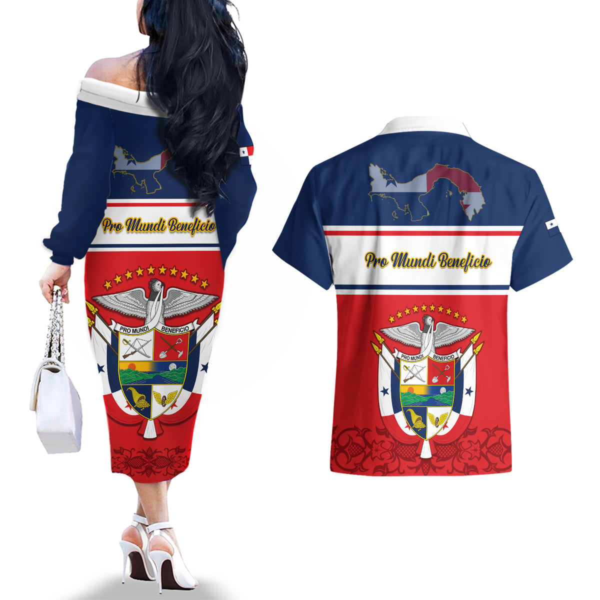 Panama Independence Day Couples Matching Off The Shoulder Long Sleeve Dress and Hawaiian Shirt Coat Of Arms Pollera Pattern - Wonder Print Shop