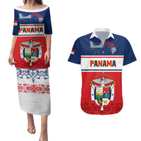 Panama Independence Day Couples Matching Puletasi Dress and Hawaiian Shirt Coat Of Arms Pollera Pattern - Wonder Print Shop