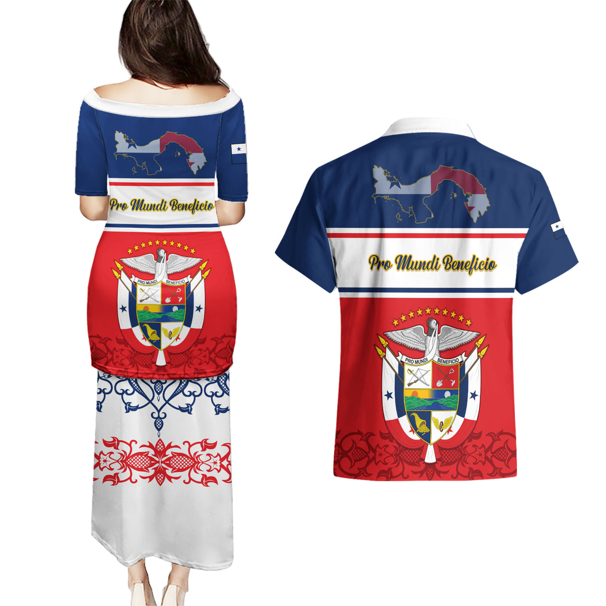 Panama Independence Day Couples Matching Puletasi Dress and Hawaiian Shirt Coat Of Arms Pollera Pattern - Wonder Print Shop