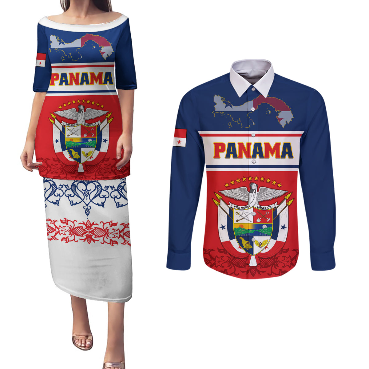 Panama Independence Day Couples Matching Puletasi Dress and Long Sleeve Button Shirts Coat Of Arms Pollera Pattern - Wonder Print Shop