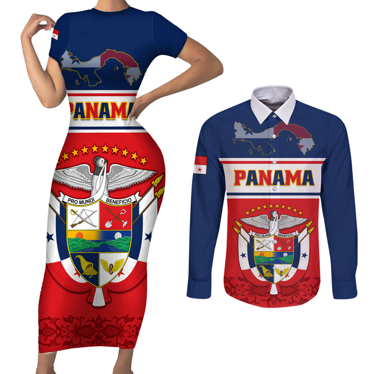Panama Independence Day Couples Matching Short Sleeve Bodycon Dress and Long Sleeve Button Shirts Coat Of Arms Pollera Pattern - Wonder Print Shop