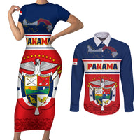 Panama Independence Day Couples Matching Short Sleeve Bodycon Dress and Long Sleeve Button Shirts Coat Of Arms Pollera Pattern - Wonder Print Shop