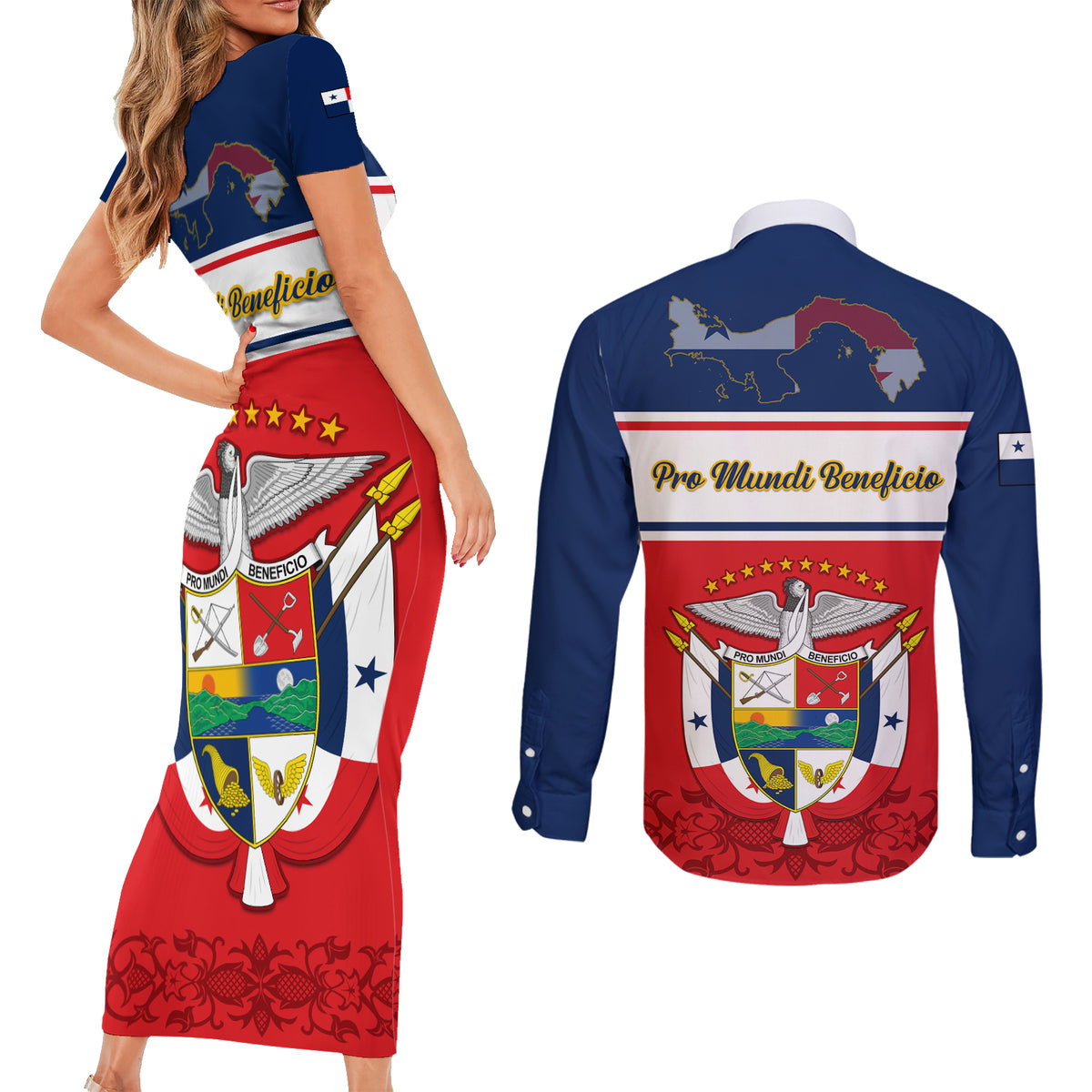 Panama Independence Day Couples Matching Short Sleeve Bodycon Dress and Long Sleeve Button Shirts Coat Of Arms Pollera Pattern - Wonder Print Shop
