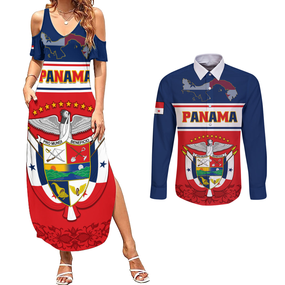 Panama Independence Day Couples Matching Summer Maxi Dress and Long Sleeve Button Shirts Coat Of Arms Pollera Pattern - Wonder Print Shop