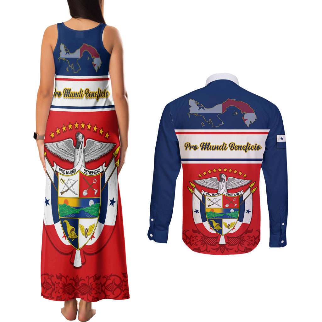 Panama Independence Day Couples Matching Tank Maxi Dress and Long Sleeve Button Shirts Coat Of Arms Pollera Pattern - Wonder Print Shop