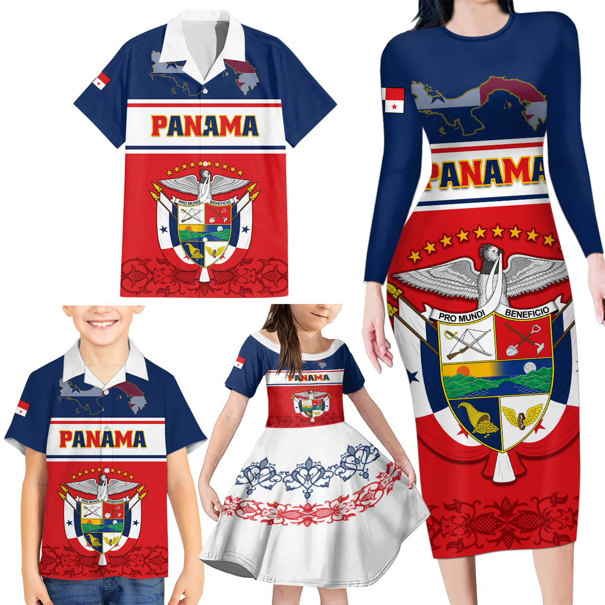 Panama Independence Day Family Matching Long Sleeve Bodycon Dress and Hawaiian Shirt Coat Of Arms Pollera Pattern - Wonder Print Shop