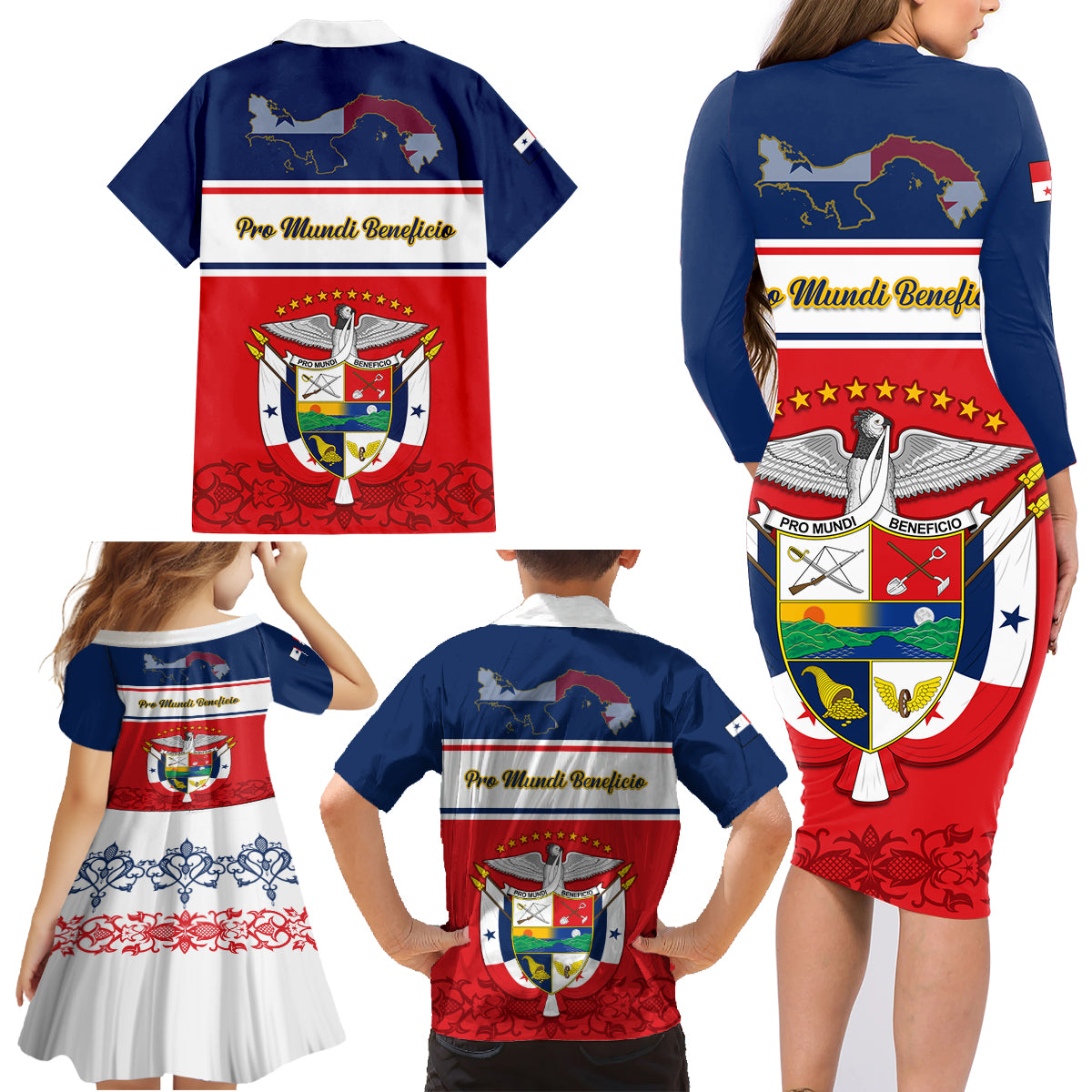 Panama Independence Day Family Matching Long Sleeve Bodycon Dress and Hawaiian Shirt Coat Of Arms Pollera Pattern - Wonder Print Shop
