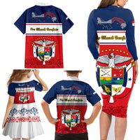 Panama Independence Day Family Matching Long Sleeve Bodycon Dress and Hawaiian Shirt Coat Of Arms Pollera Pattern - Wonder Print Shop