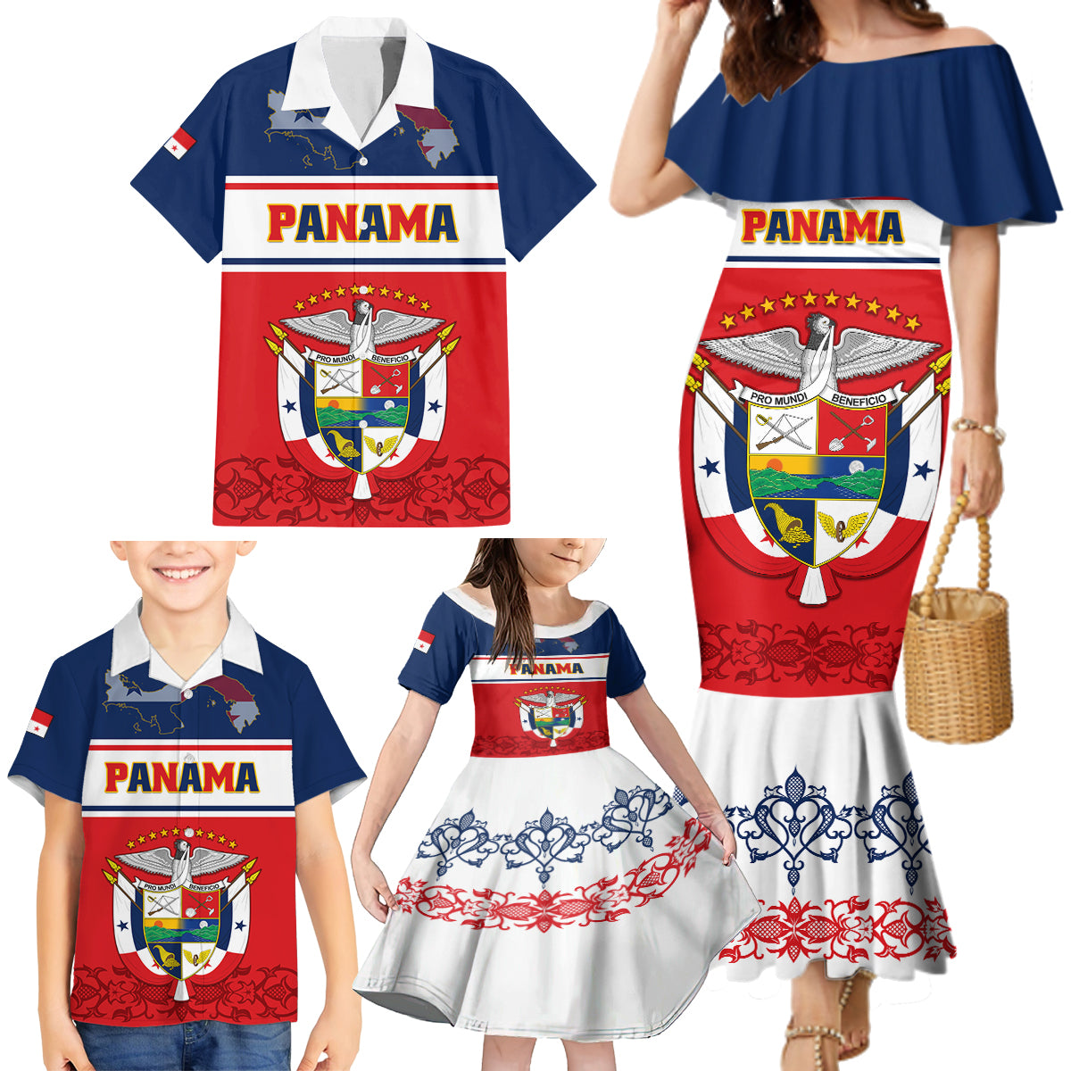 Panama Independence Day Family Matching Mermaid Dress and Hawaiian Shirt Coat Of Arms Pollera Pattern - Wonder Print Shop