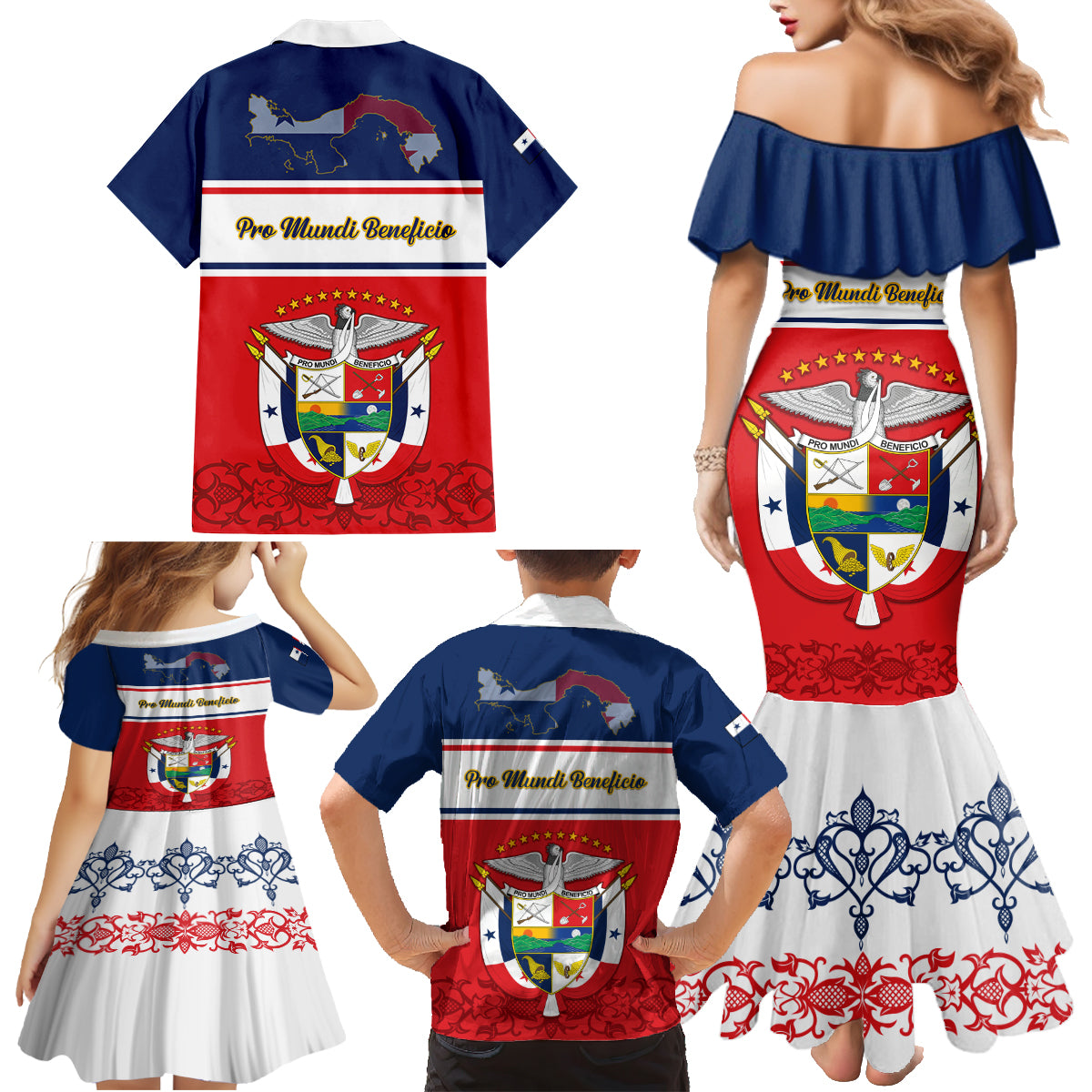 Panama Independence Day Family Matching Mermaid Dress and Hawaiian Shirt Coat Of Arms Pollera Pattern - Wonder Print Shop