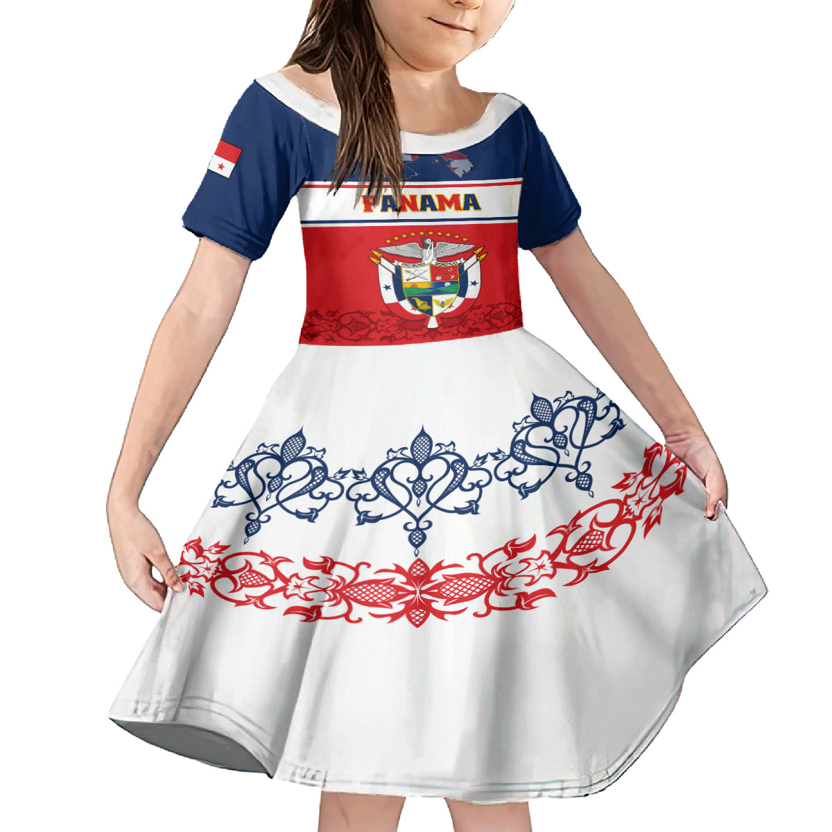 Panama Independence Day Family Matching Off Shoulder Long Sleeve Dress and Hawaiian Shirt Coat Of Arms Pollera Pattern - Wonder Print Shop