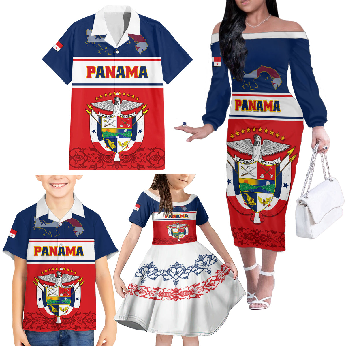 Panama Independence Day Family Matching Off Shoulder Long Sleeve Dress and Hawaiian Shirt Coat Of Arms Pollera Pattern - Wonder Print Shop