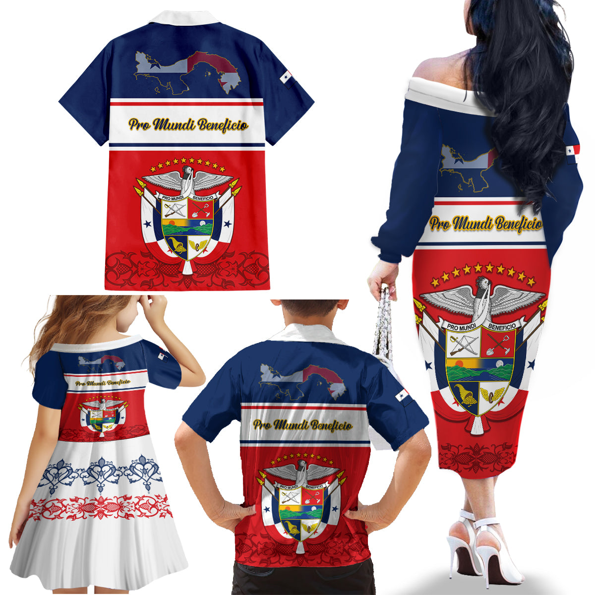 Panama Independence Day Family Matching Off Shoulder Long Sleeve Dress and Hawaiian Shirt Coat Of Arms Pollera Pattern - Wonder Print Shop