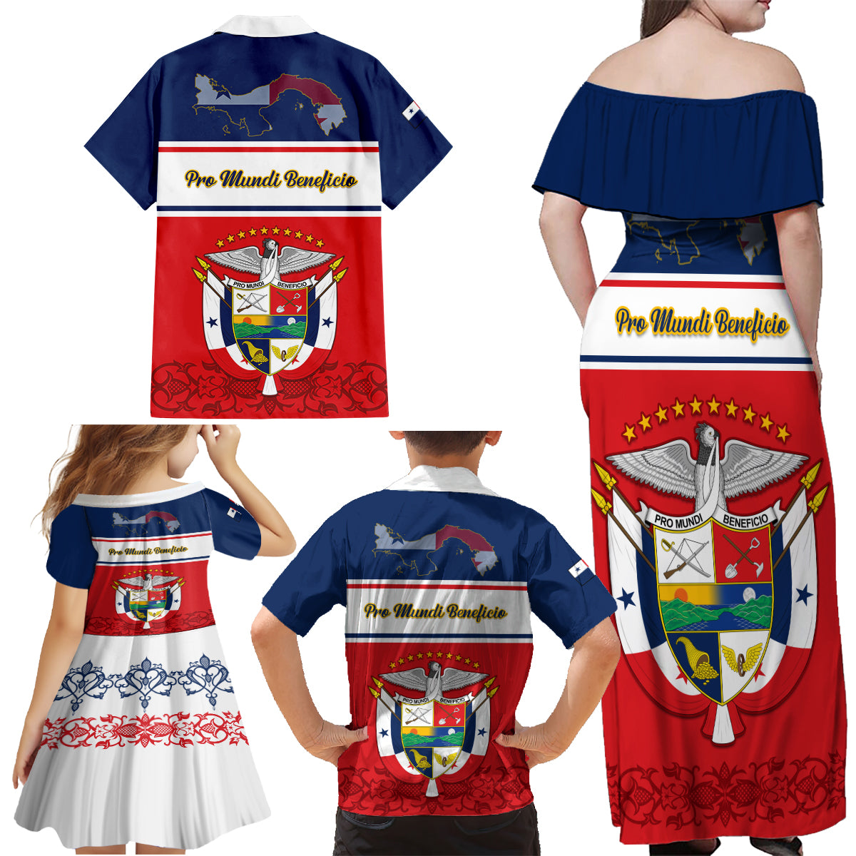 Panama Independence Day Family Matching Off Shoulder Maxi Dress and Hawaiian Shirt Coat Of Arms Pollera Pattern - Wonder Print Shop