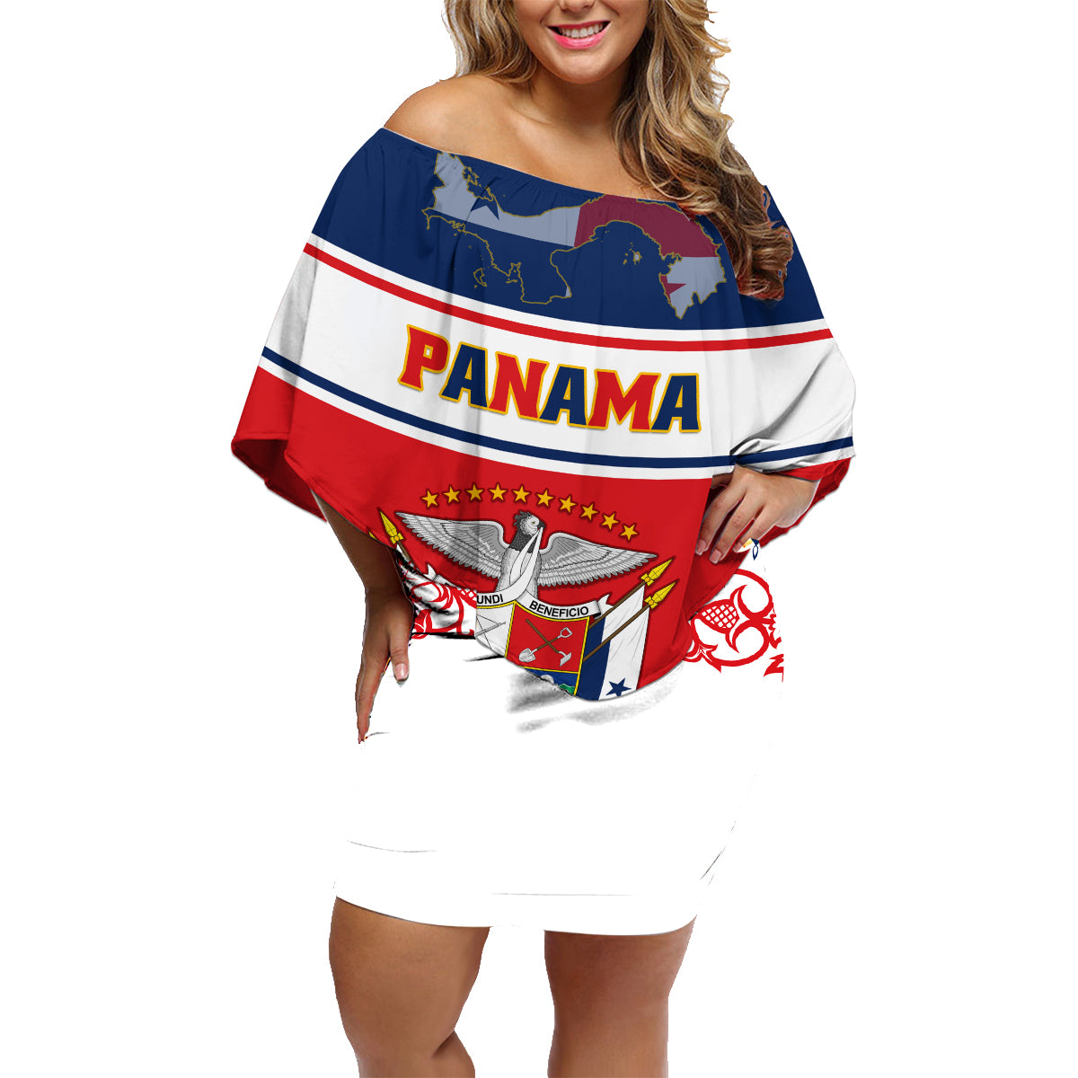 Panama Independence Day Family Matching Off Shoulder Short Dress and Hawaiian Shirt Coat Of Arms Pollera Pattern - Wonder Print Shop