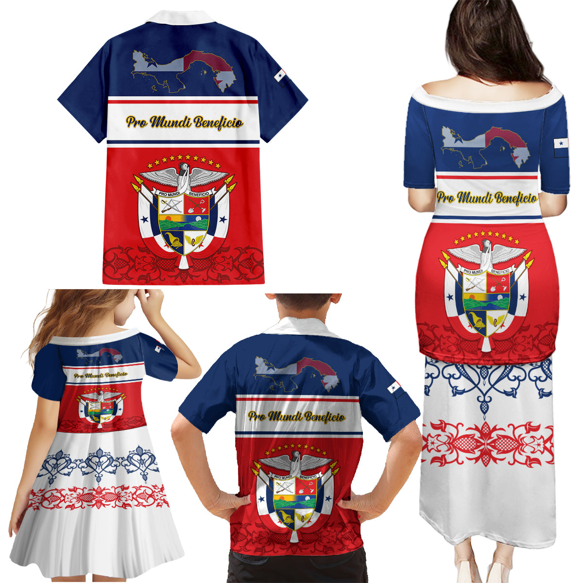 Panama Independence Day Family Matching Puletasi Dress and Hawaiian Shirt Coat Of Arms Pollera Pattern - Wonder Print Shop