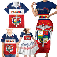 Panama Independence Day Family Matching Short Sleeve Bodycon Dress and Hawaiian Shirt Coat Of Arms Pollera Pattern - Wonder Print Shop