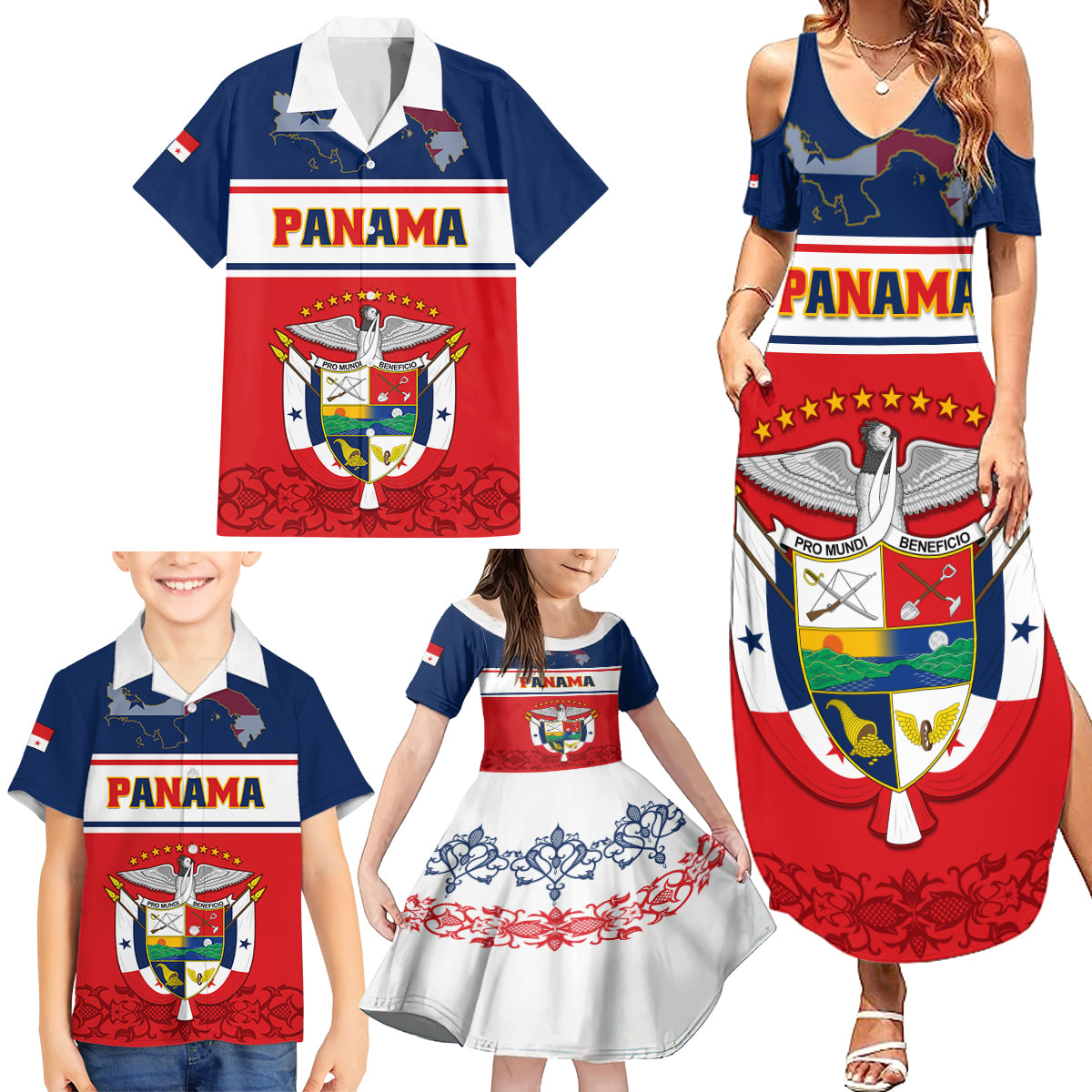 Panama Independence Day Family Matching Summer Maxi Dress and Hawaiian Shirt Coat Of Arms Pollera Pattern - Wonder Print Shop