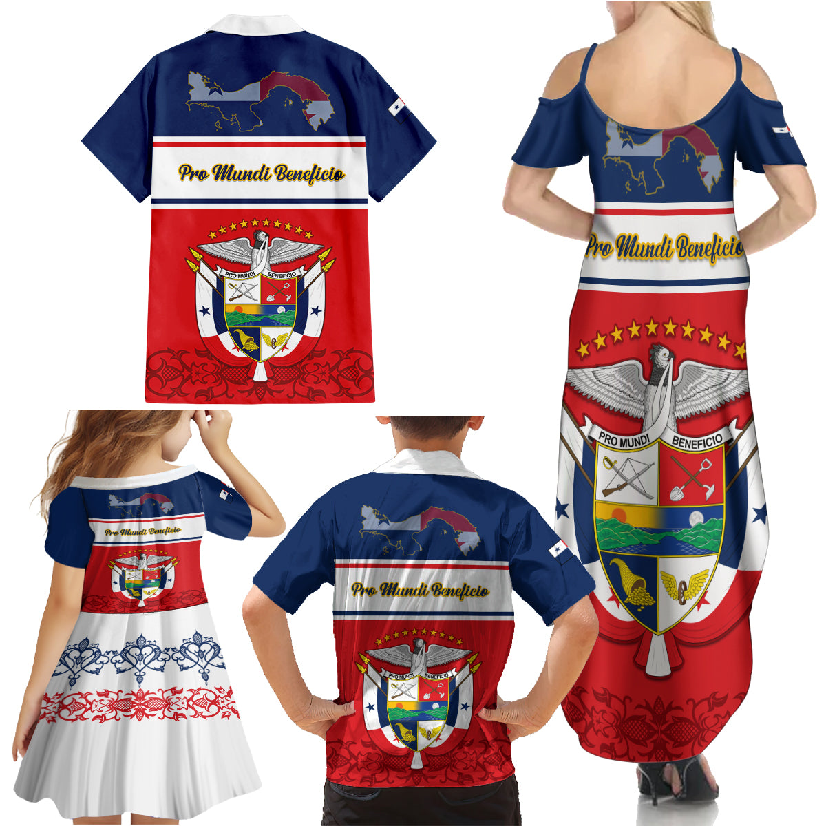 Panama Independence Day Family Matching Summer Maxi Dress and Hawaiian Shirt Coat Of Arms Pollera Pattern - Wonder Print Shop