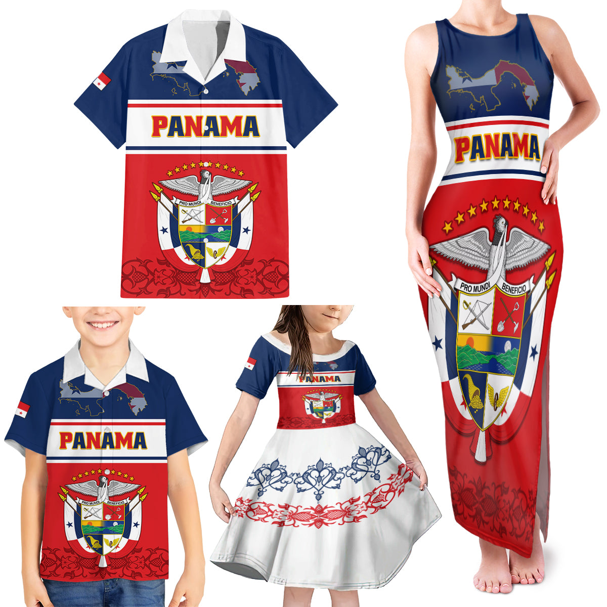 Panama Independence Day Family Matching Tank Maxi Dress and Hawaiian Shirt Coat Of Arms Pollera Pattern - Wonder Print Shop