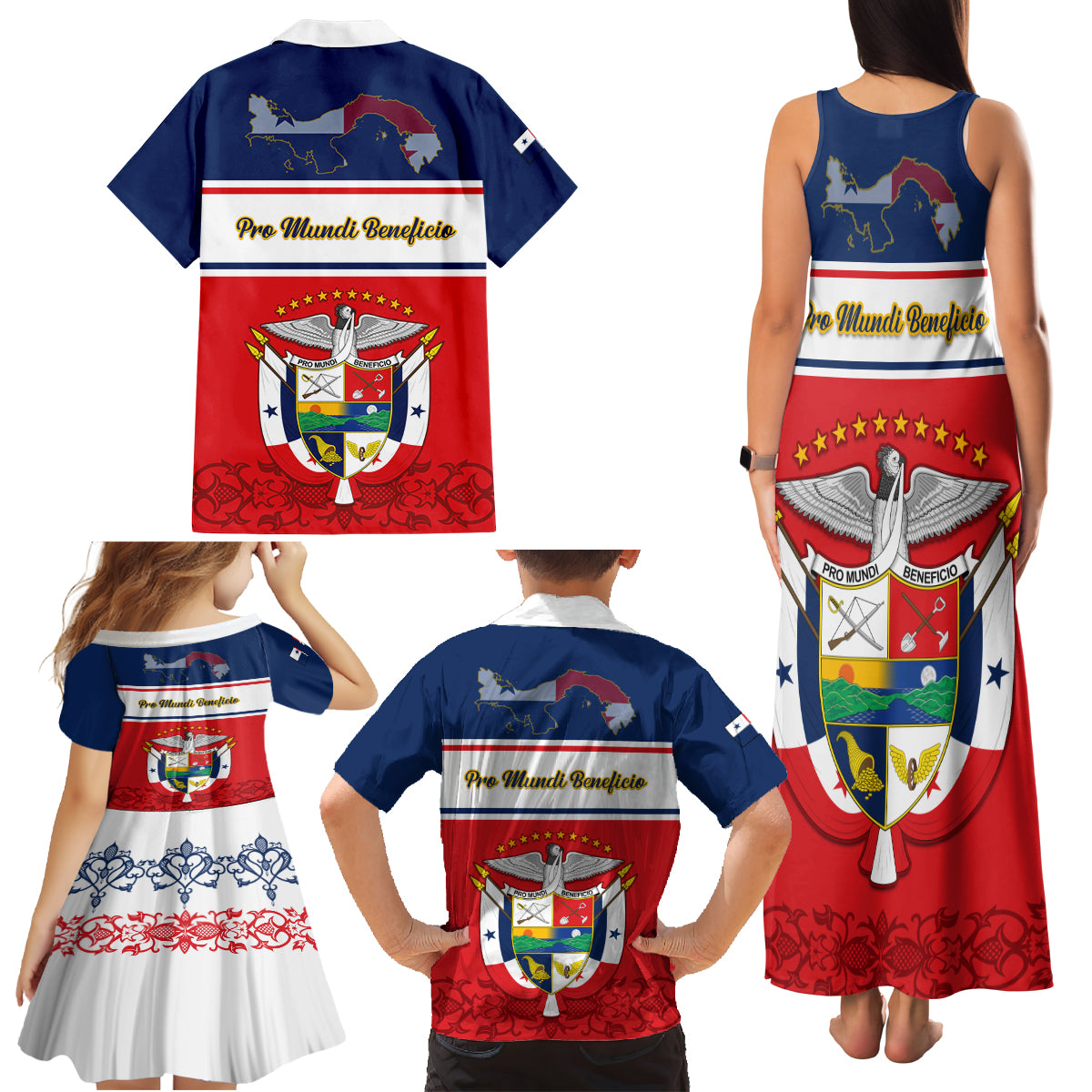 Panama Independence Day Family Matching Tank Maxi Dress and Hawaiian Shirt Coat Of Arms Pollera Pattern - Wonder Print Shop
