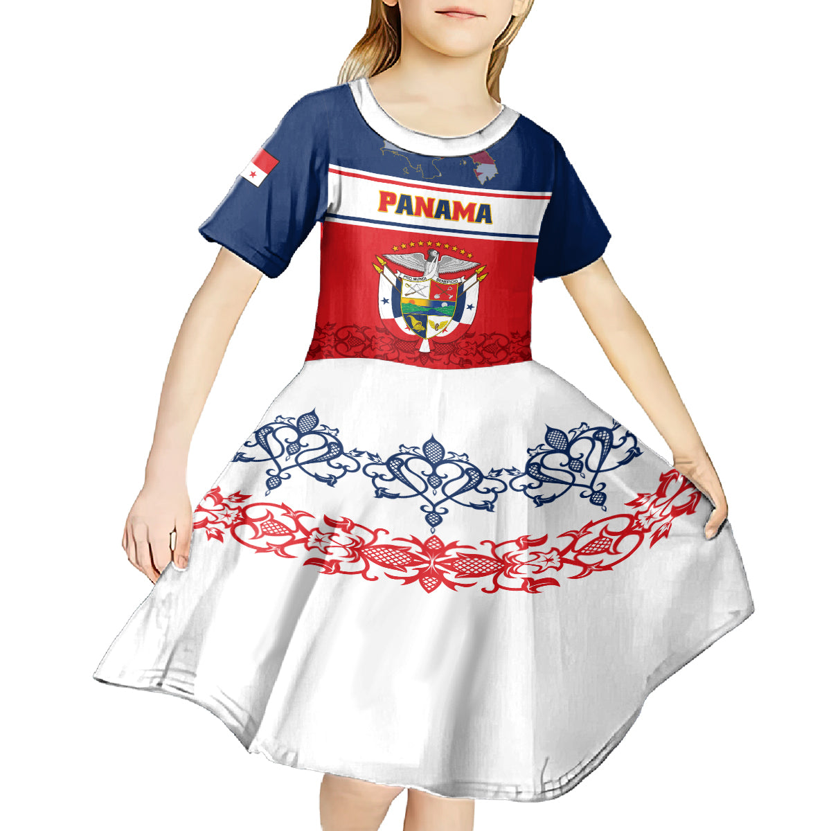 Panama Independence Day Kid Short Sleeve Dress Coat Of Arms Pollera Pattern - Wonder Print Shop
