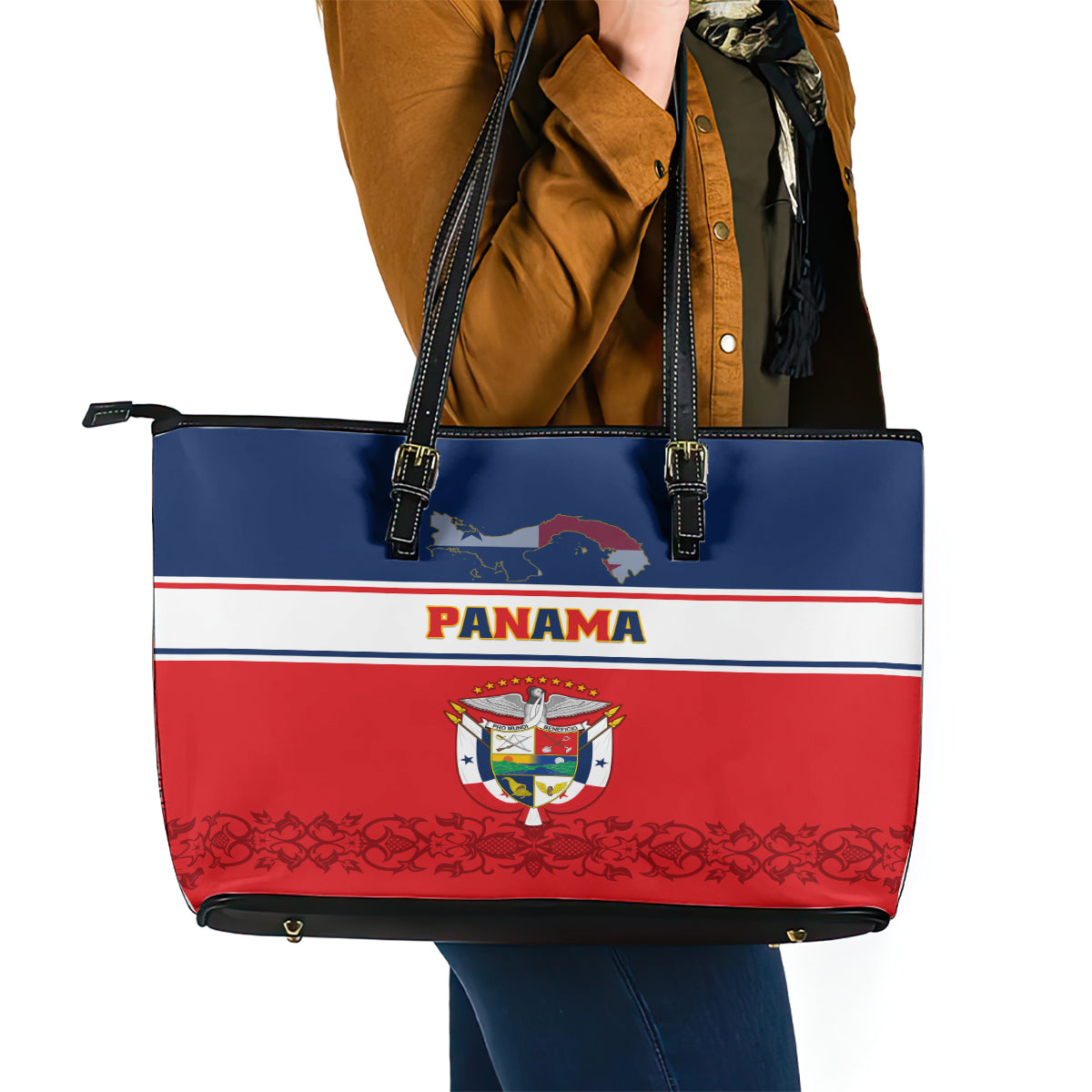 Panama Independence Day Leather Tote Bag Coat Of Arms Pollera Pattern - Wonder Print Shop