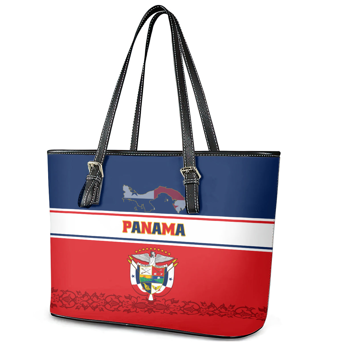 Panama Independence Day Leather Tote Bag Coat Of Arms Pollera Pattern - Wonder Print Shop