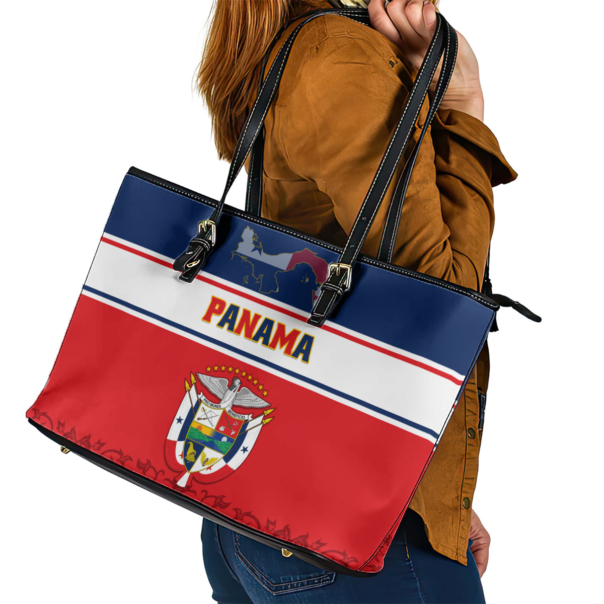 Panama Independence Day Leather Tote Bag Coat Of Arms Pollera Pattern - Wonder Print Shop