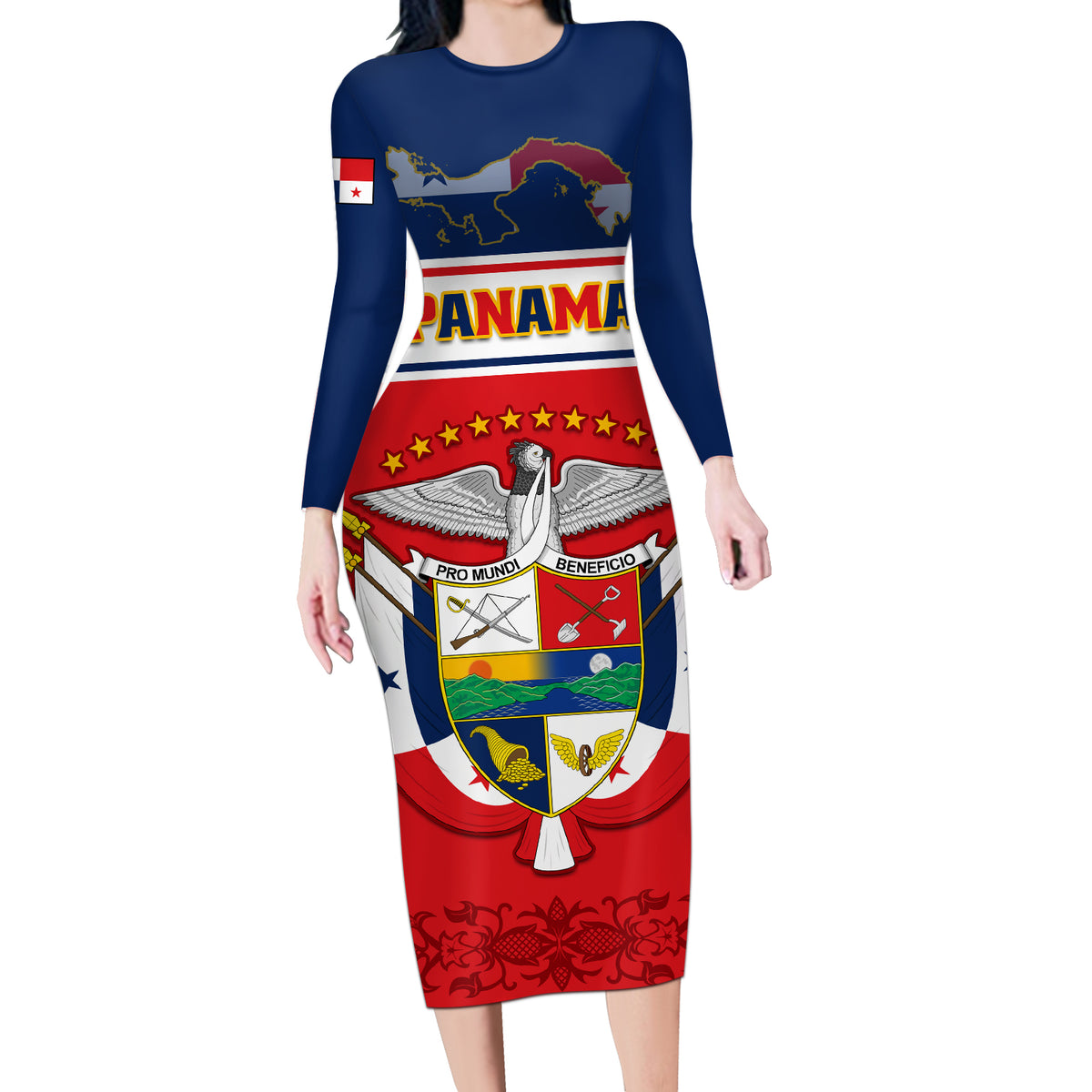 Panama Independence Day Long Sleeve Bodycon Dress Coat Of Arms Pollera Pattern - Wonder Print Shop