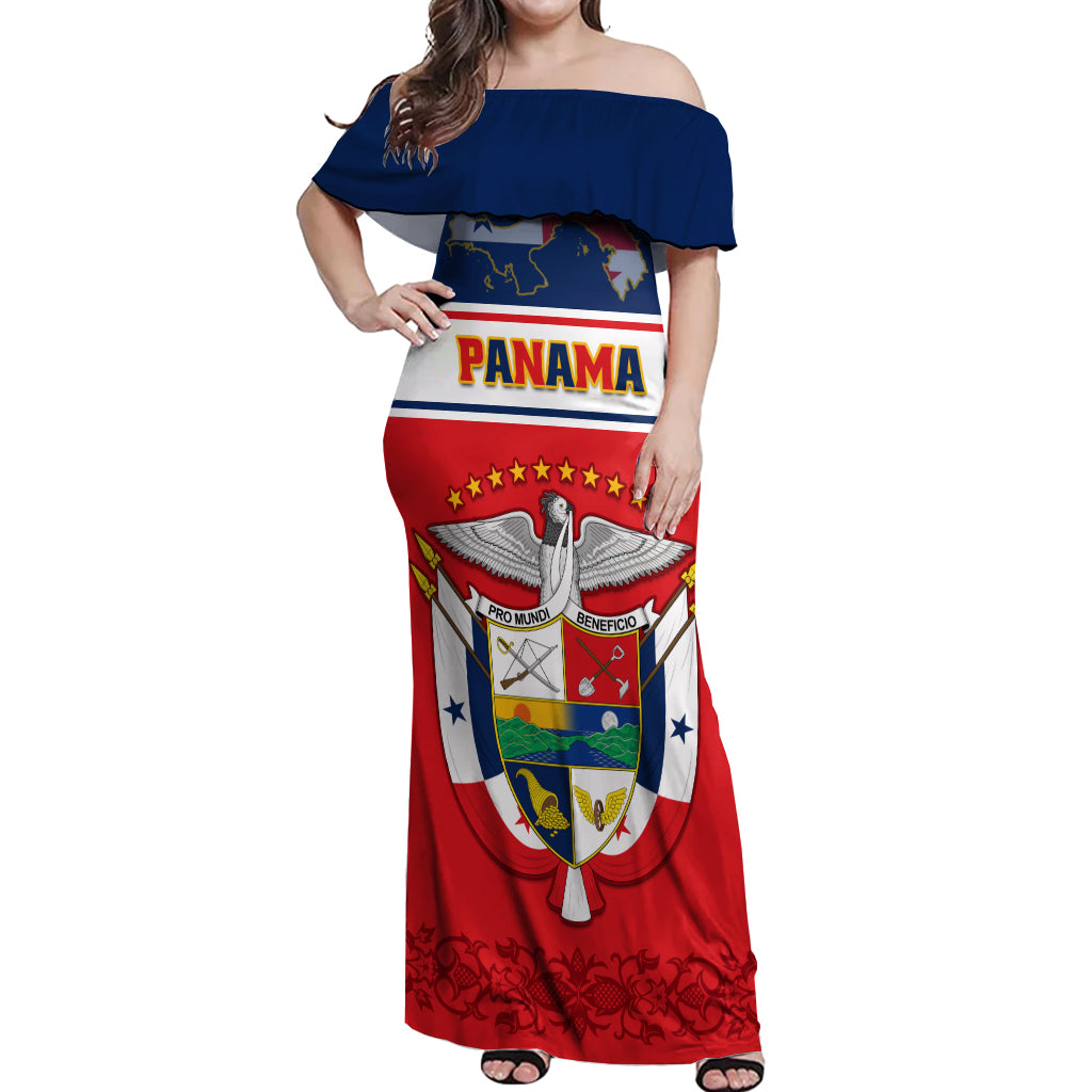 Panama Independence Day Off Shoulder Maxi Dress Coat Of Arms Pollera Pattern - Wonder Print Shop
