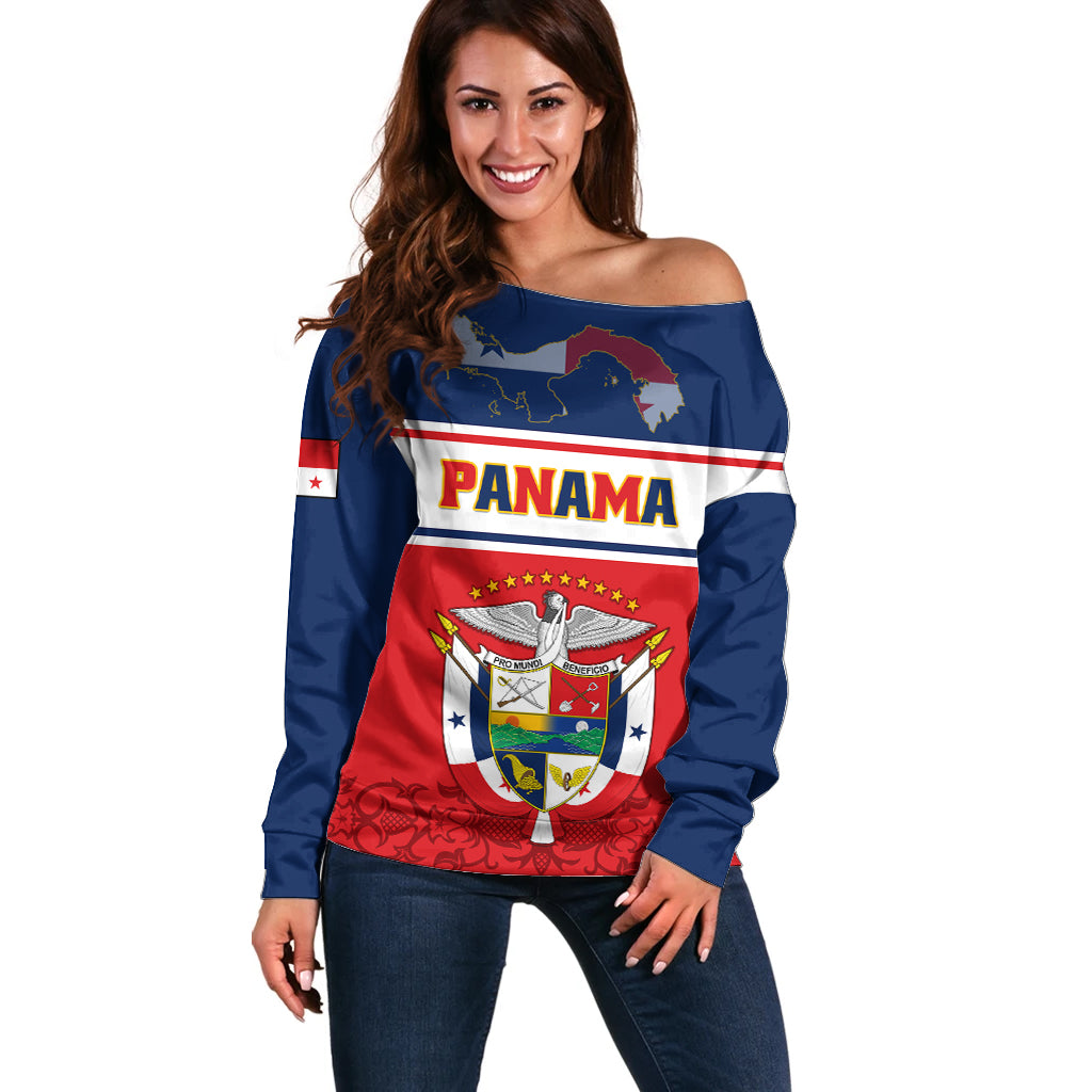 Panama Independence Day Off Shoulder Sweater Coat Of Arms Pollera Pattern - Wonder Print Shop
