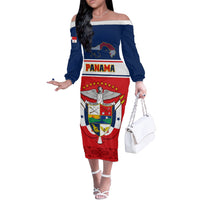 Panama Independence Day Off The Shoulder Long Sleeve Dress Coat Of Arms Pollera Pattern - Wonder Print Shop