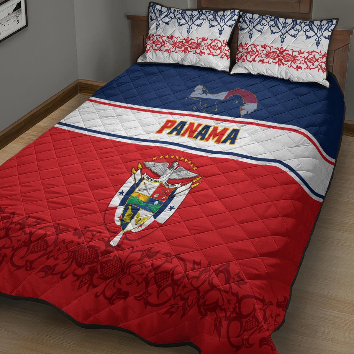 Panama Independence Day Quilt Bed Set Coat Of Arms Pollera Pattern - Wonder Print Shop