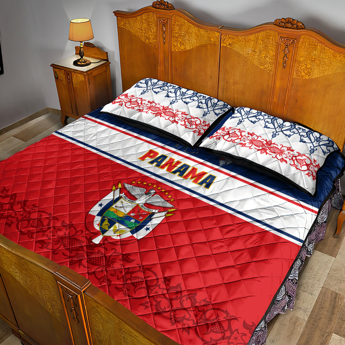 Panama Independence Day Quilt Bed Set Coat Of Arms Pollera Pattern - Wonder Print Shop