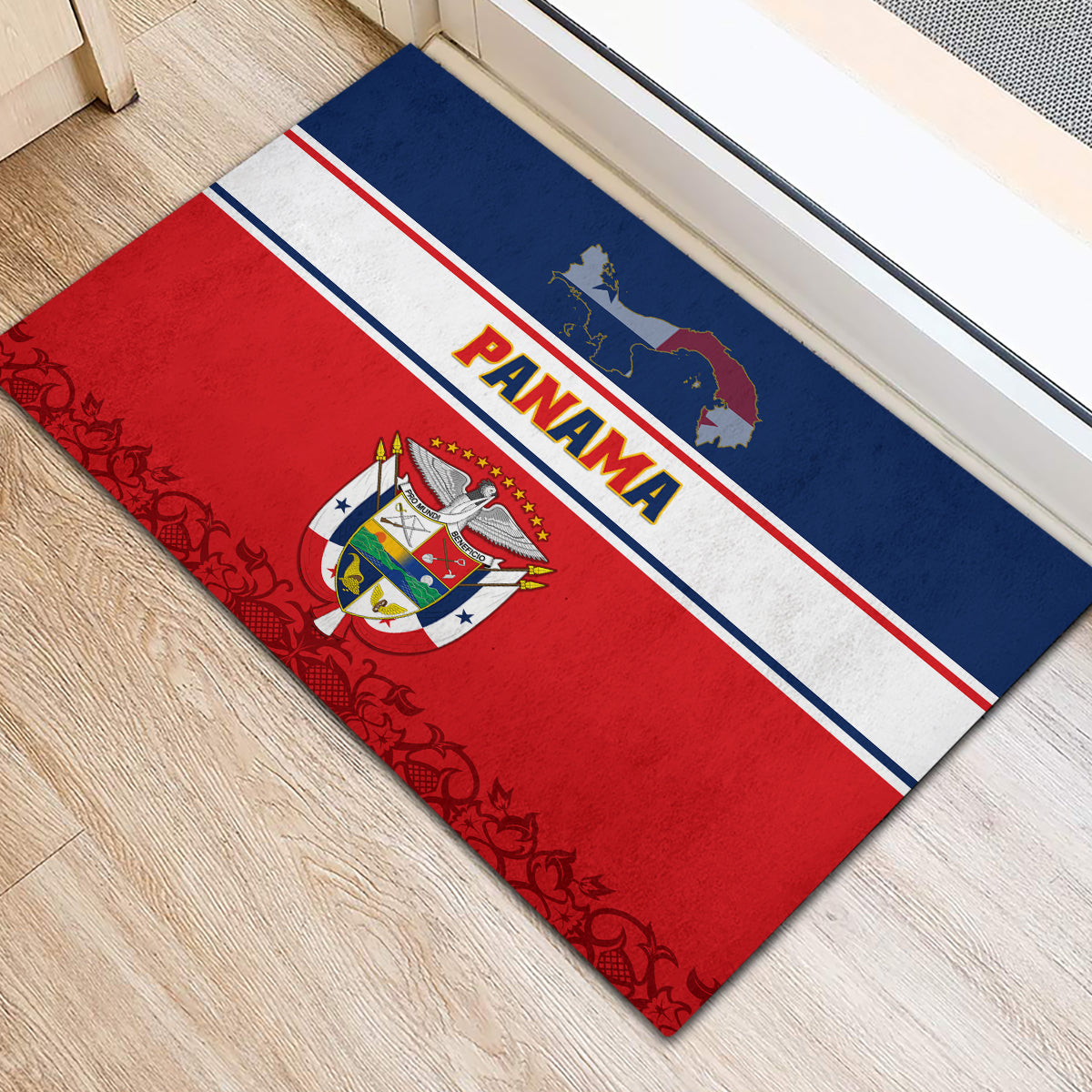 Panama Independence Day Rubber Doormat Coat Of Arms Pollera Pattern - Wonder Print Shop