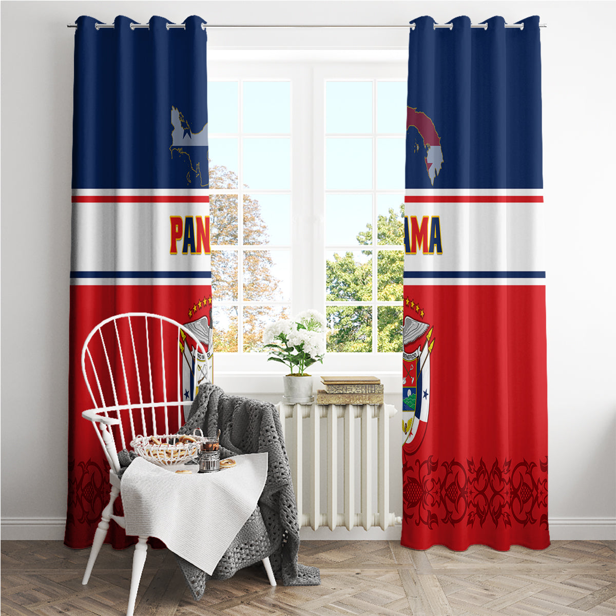 Panama Independence Day Window Curtain Coat Of Arms Pollera Pattern - Wonder Print Shop