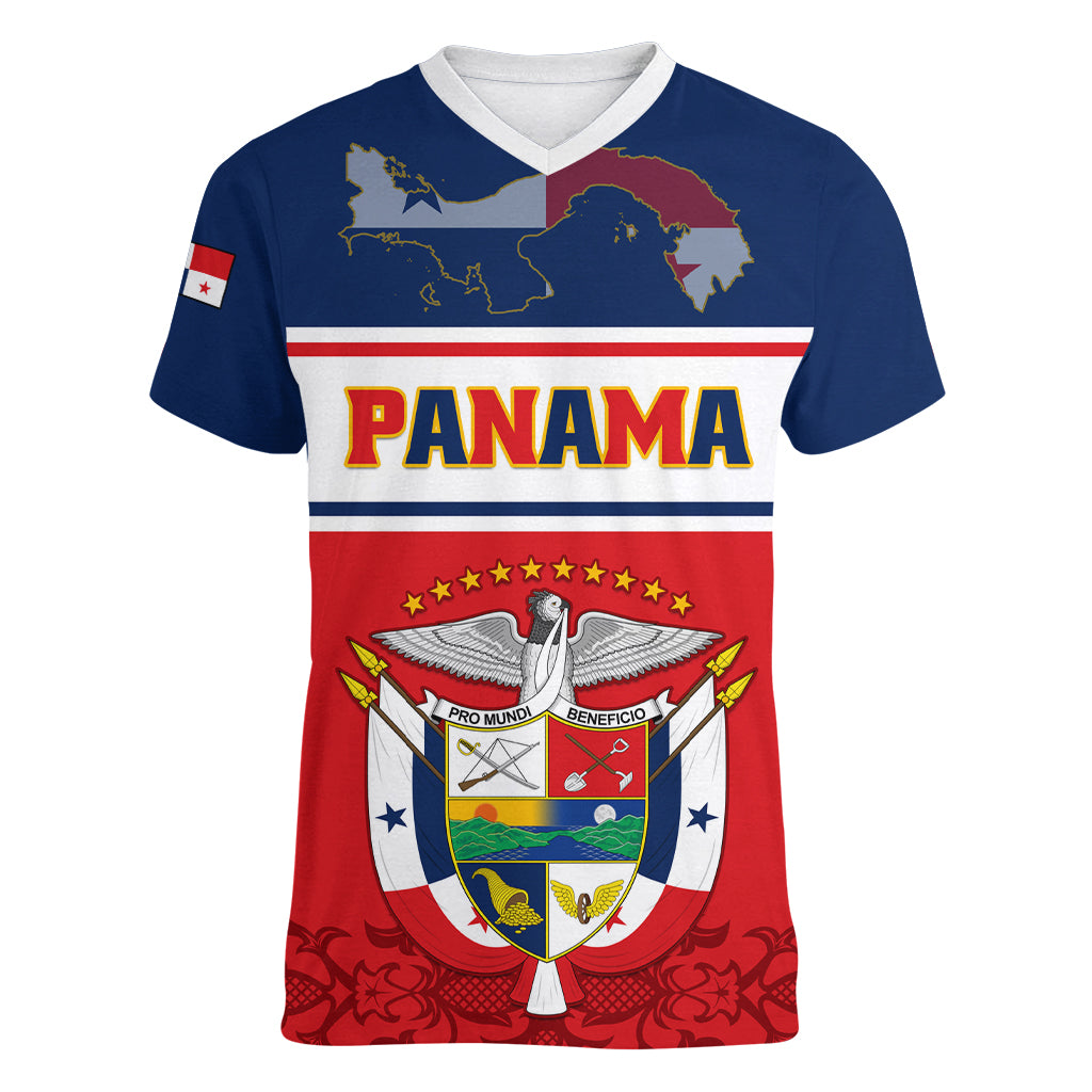 Panama Independence Day Women V Neck T Shirt Coat Of Arms Pollera Pattern - Wonder Print Shop