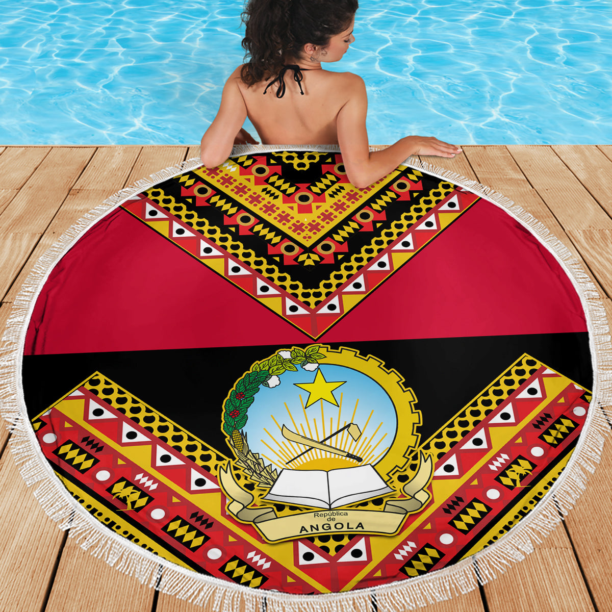 Angola Independence Day Beach Blanket Coat Of Arms Samakaka Pattern - Wonder Print Shop
