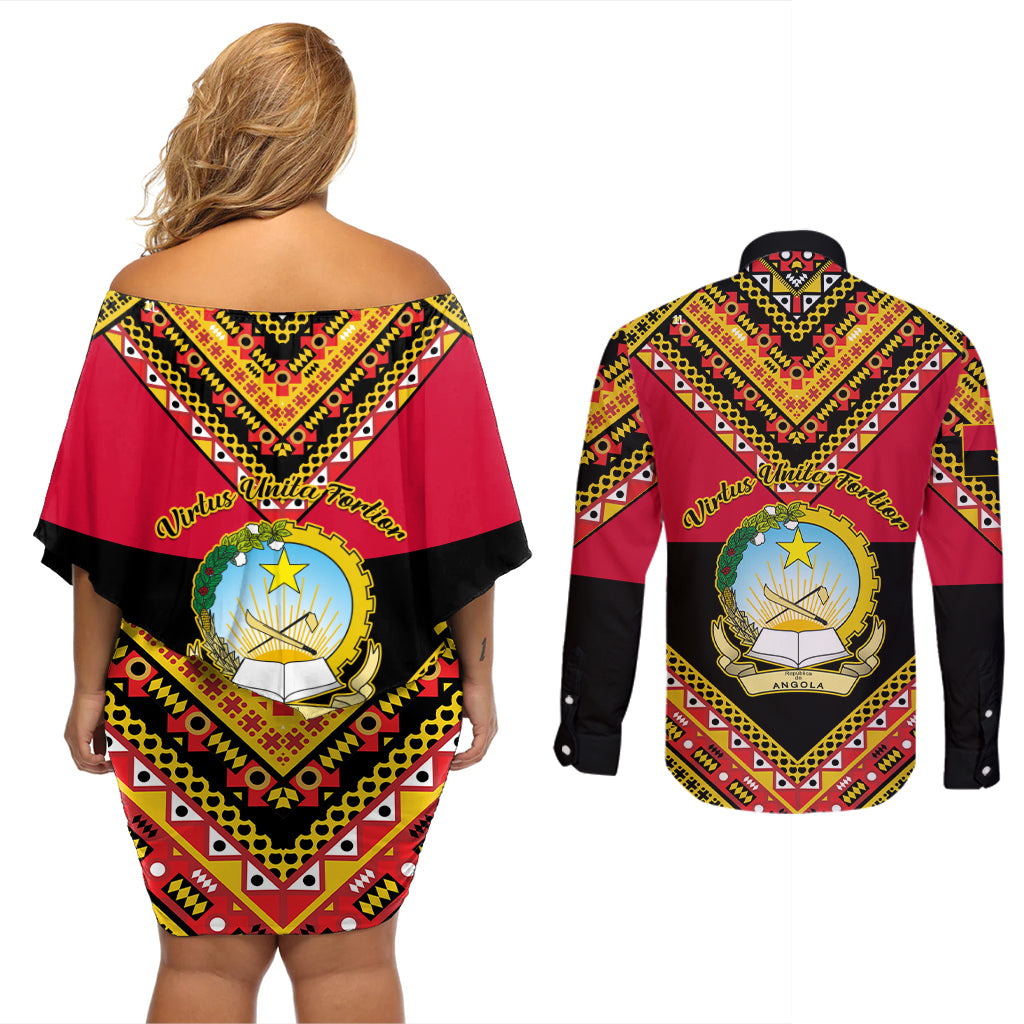 Angola Independence Day Couples Matching Off Shoulder Short Dress and Long Sleeve Button Shirts Coat Of Arms Samakaka Pattern - Wonder Print Shop