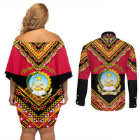 Angola Independence Day Couples Matching Off Shoulder Short Dress and Long Sleeve Button Shirts Coat Of Arms Samakaka Pattern - Wonder Print Shop