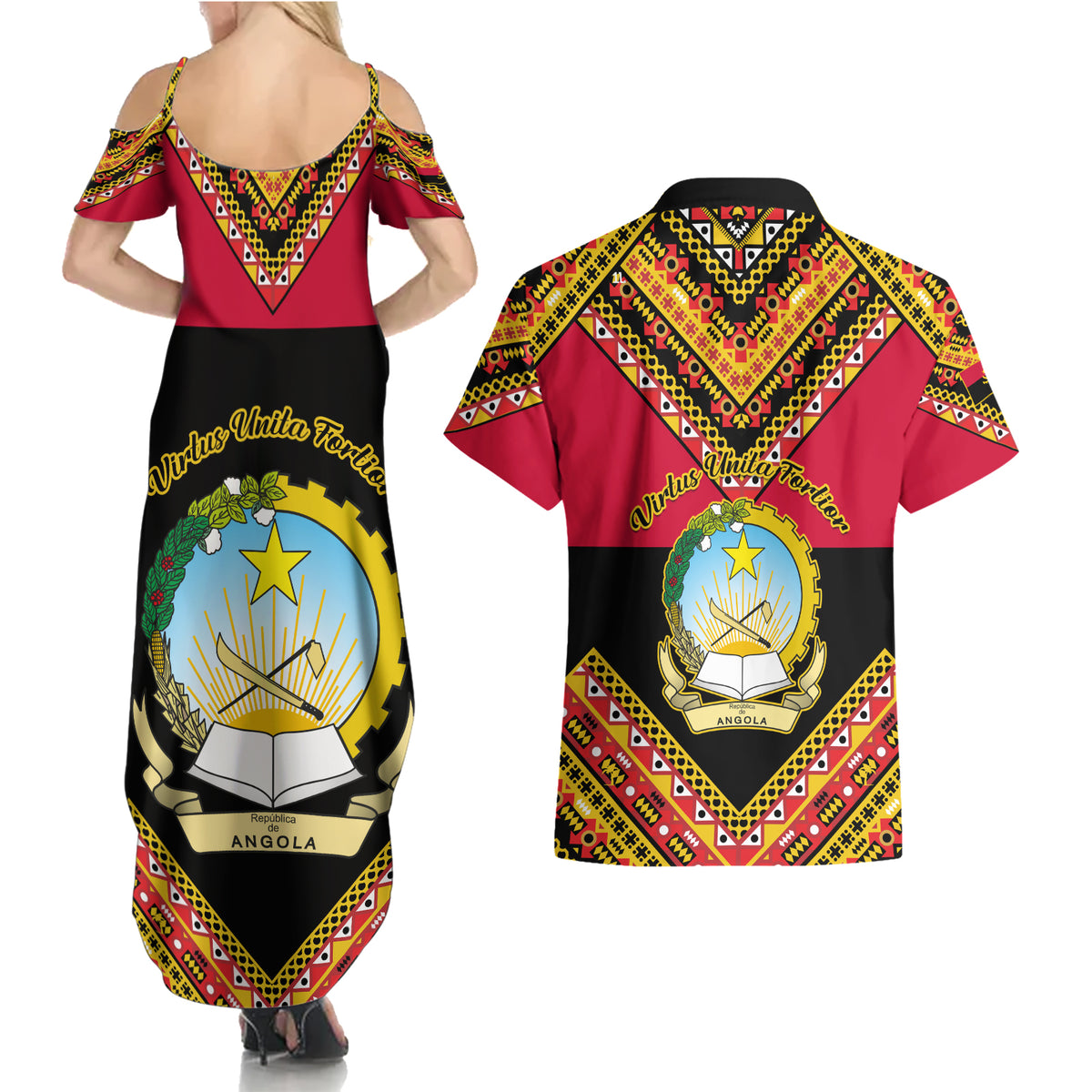Angola Independence Day Couples Matching Summer Maxi Dress and Hawaiian Shirt Coat Of Arms Samakaka Pattern - Wonder Print Shop