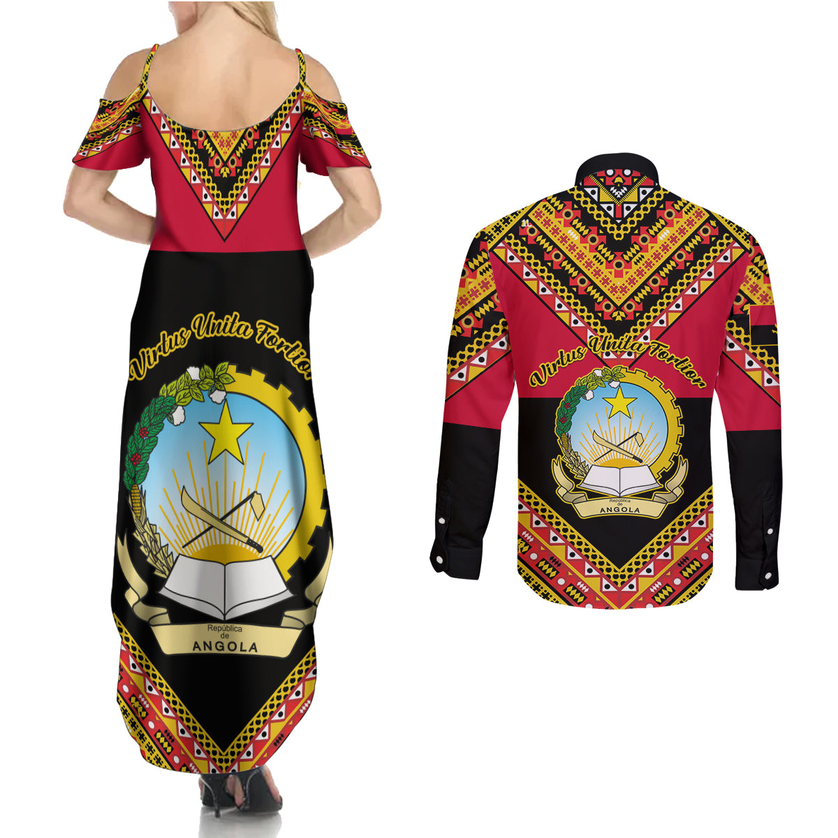 Angola Independence Day Couples Matching Summer Maxi Dress and Long Sleeve Button Shirts Coat Of Arms Samakaka Pattern - Wonder Print Shop